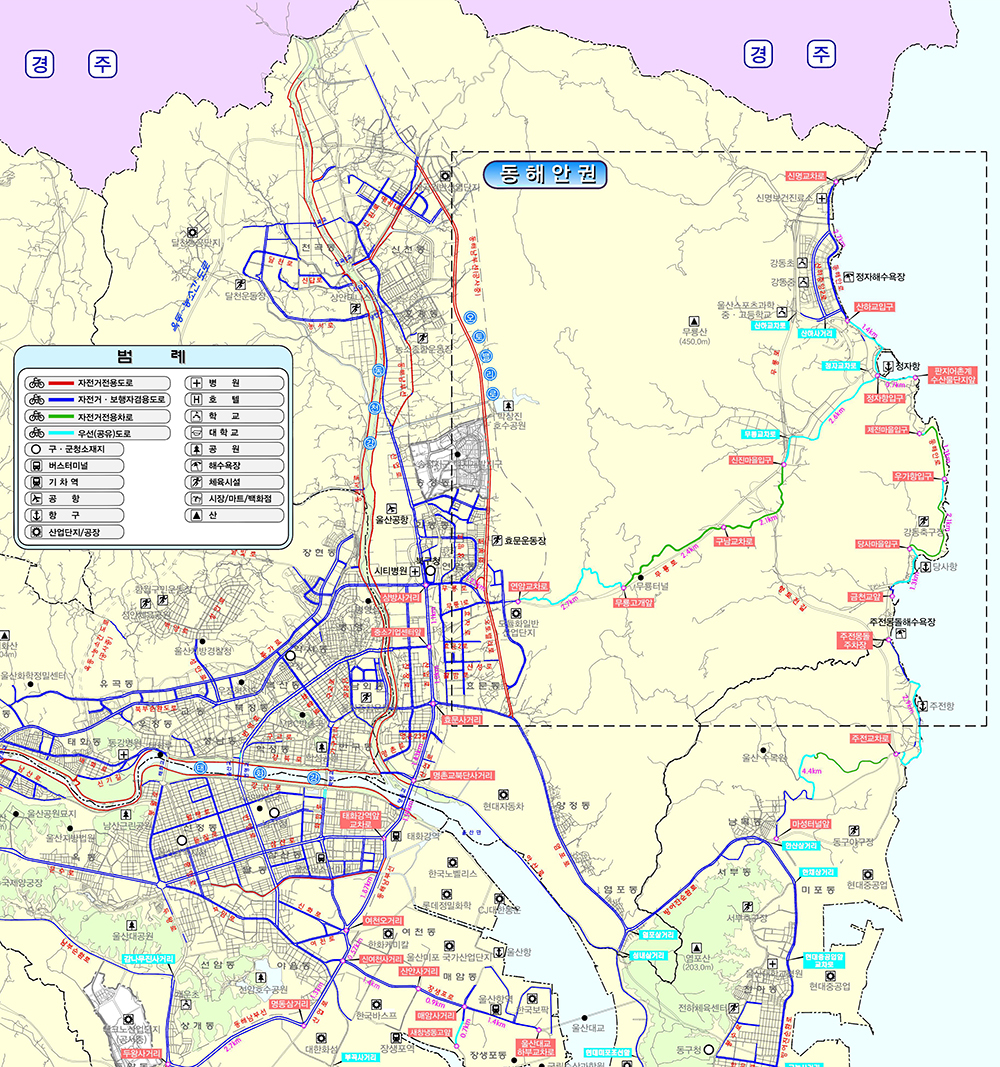 북구 관내 자전거도로 지도 사진 - 관내 북구자전거도로를 나타내는 지도로서 동천 자전거전용도로 및 국토종주 동해안 자전거길 등을 나타낸다