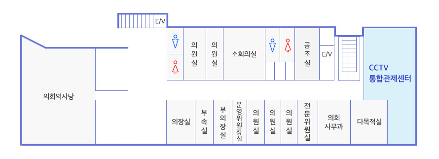 왼쪽부터 시계방향순 위치안내 - 의회의사당, 엘리베이터, 남녀화장실, 의원실, 의원실, 소회의실, 남녀화장실, 공조실, 엘리베이터, cctv통합관제센터, 다목적실, 의회사무과, 전문위원실,의원실,의원실,운영위원장실,부의장실, 부속실, 의장실