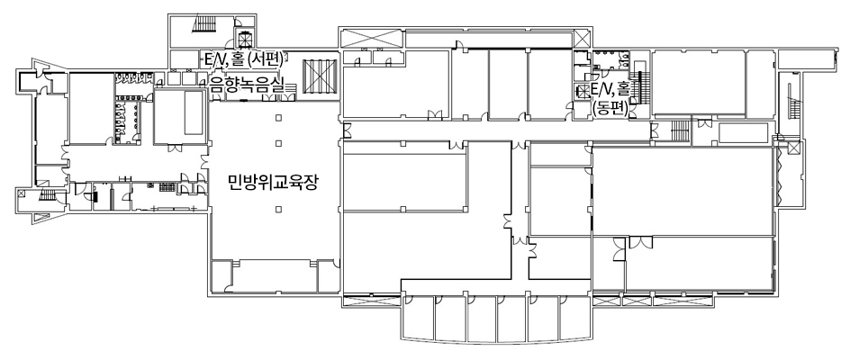 지하1층 안내도(EV, 홀(서편), 음향녹음실, 민방위 교육장, E/V, 홀(동편))