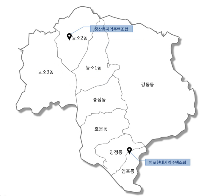 개별 지역주택조합 지도 : 농소2동 지도에 중산동지역주택조합, 중산매곡지역주택조합이 마커표시가 되어있습니다.
양정동 지도에 염포현대지역주택조합이 마커표시가 되어있습니다. 