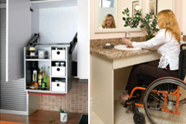 휠체어 이용자, 키가 작은 사람 등이 사용하기 편리하도록 디자인된 주방과 세면대 사진