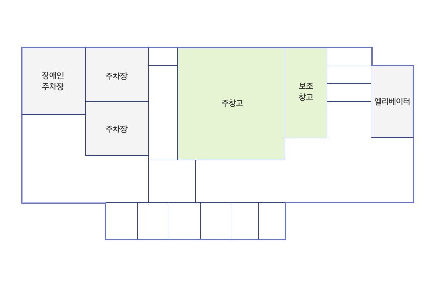 청사안내 지하1층: 엘레베이터 맞은편에 보조창고와 주창고, 헌옷창고가 있고 창고들을 지나가면 주차장이 있습니다.