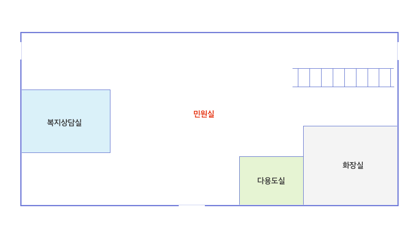 청사안내 1층: 입구에 들어서면 중앙에 민원실이 있고 왼쪽에 복지상담실이 있으며 오른쪽에 다용도실과 화장실이 있습니다.