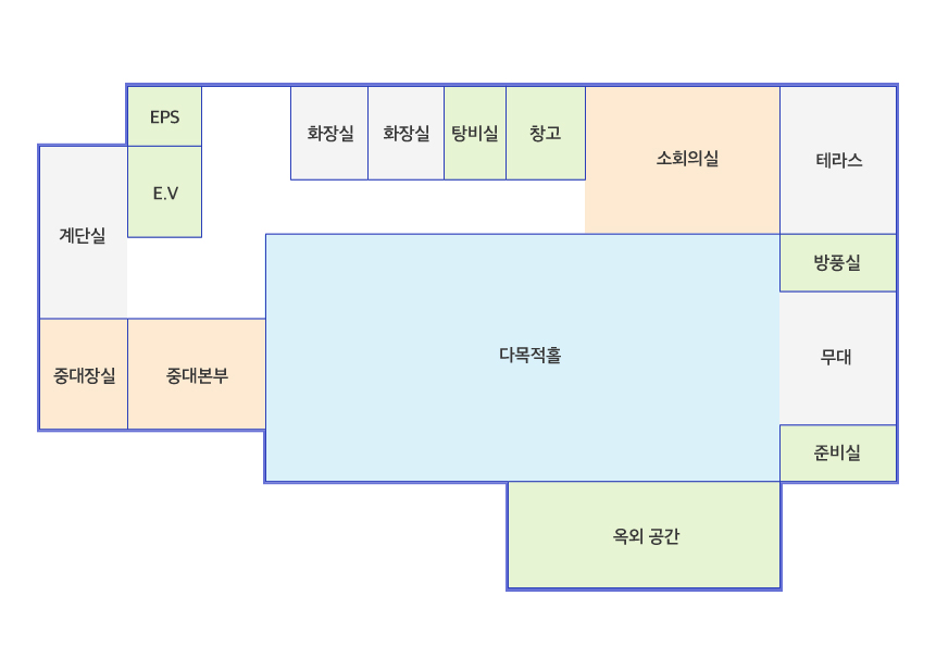 청사안내 3층: 계단을 올라서면 오른쪽에 중대본부와 다목적홀이 있고 왼쪽편에 소회의실과 화장실이 있습니다.