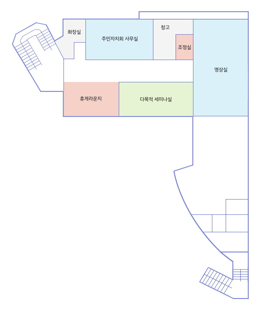 청사안내 3층: 계단을 올라서면 왼쪽에 화장실과 문화창작실이 있고 정면에 문화관람실이 있으면 오른쪽편엔 휴게라운지와 다목적 세미나실이 있습니다.