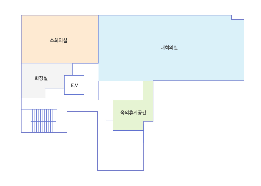 청사안내 3층: 왼편에는 소회의실, 대회의실이 있고,오른편에는 옥외휴게공간이 있습니다..