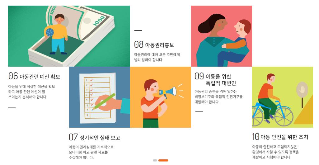 06 아동관련 예산 확보 : 아동을 위해 적절한 예산을 확보하고 아동 관련 예산이 잘 쓰이는지 분석해야 합니다. 07 정기적인 실태 보고 : 아동의 권리실태를 지속적으로 모니터링 하고 관련 자료를 수집해야 합니다. 08 아동권리홍보 : 아동권리에 대해 모든 주민에게 널리 알려야 합니다. 09 아동을 위한 독립적 대변인 : 아동권리 증진을 위해 일하는 비정부기구와 독립적 인권기구를 개발해야 합니다. 10 아동 안전을 위한 조치 : 아동이 안전하고 오염되지않은 환경에서 자랄 수 있도록 정책을 개발하고 시행해야 합니다.