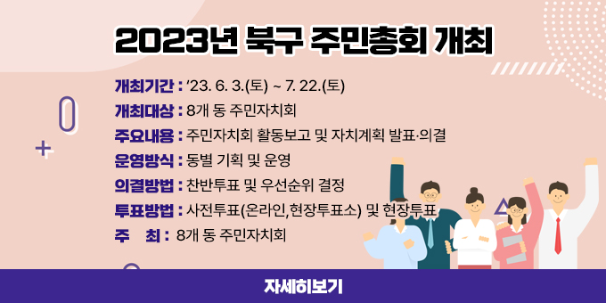 2023년 북구 주민총회 개최 개최기간 : ‘23. 6. 3.(토) ~ 7. 22.(토) 개최대상 : 8개 동 주민자치회 주요내용 : 주민자치회 활동보고 및 자치계획 발표·의결  운영방식 : 동별 기획 및 운영 의결방법 : 찬반투표 및 우선순위 결정 투표방법 : 사전투표(온라인,현장투표소) 및 현장투표 주    최 :  8개 동 주민자치회 자세히보기