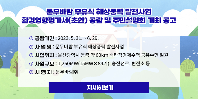 제목 : 문무바람 부유식 해상풍력 발전사업 환경영향평가서(초안) 공람 및 주민설명회 개최 공고 내용  - 공람기간 : 2023. 5. 31. ~ 6. 29.  - 사 업 명 : 문무바람 부유식 해상풍력 발전사업  - 사업위치 : 울산광역시 동측 약 60km 배타적경제수역                공유수면 일원  - 사업규모 : 1,260MW(15MW×84기), 송전선로, 변전소 등  - 시 행 자 : 문무바람㈜ 자세히보기