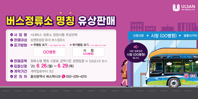 버스정류소 명칭 유상판매 사업명 : 시내버스 정류소 명칭사용 유상판매 판매대상 : 상권형성된 92개 버스정류소 표기방법 : 주명칭 표기 ※ 예시 (분홍색 표시 부분) oo병원              부기명칭 표기 ※ 예시 (분홍색 표시 부분) 시청(oo병원) 판매금액 : 정류소별 명칭 사용료 금액기준 경쟁입찰 (※ 입찰공고문 참고) 입찰신청 : '23. 6. 26.(월) ~ 6. 29.(목) 계약기간 : 계약일로부터 3년 문의처 : 울산광역시 버스택시과 052 - 229 - 4215