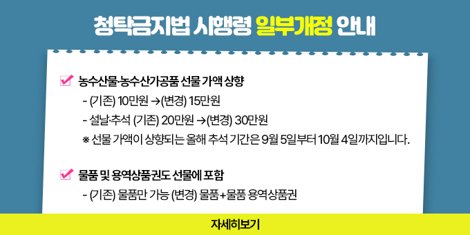 1. 농수산물·농수산가공품 선물 가액 상향   - (기존) 10만원 →(변경) 15만원   - 설날·추석 (기존) 20만원 →(변경) 30만원   ※ 선물 가액이 상향되는 올해 추석 기간은 9월 5일부터 10월 4일까지입니다.  2. 물품 및 용역상품권도 선물에 포함   - (기존) 물품만 가능 (변경) 물품+물품 용역상품권  자세히 보기