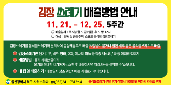 김장 쓰레기 배출방법 안내 11.21. ~ 12.25. 5주간 / 배출일시 : 주 5일(월~금) 일몰 후 ~ 밤 12시 / 대상 : 단독 및 공동주택, 소규모 음식점 김장쓰레기 / 김장쓰레기를 음식물쓰레기와 분리하여 종량제봉투로 배출 ※ 양념이 묻거나 절인 배추 등은 음식물 쓰레기로 배출 / · 김장쓰레기만 담기 : 무, 배추, 양파, 대파, 미나리, 마늘 등 각종 채소류/굴 등 어패류 껍데기 · 배출방법 : 물기 최대한 줄이기. 물기를 최대한 제거하여 건조한 후 배출하시면 처리비용을 절약할 수 있습니다. · 내 집 앞 배출하기 : 배출일시 장소 위반 시에는 과태료가 부과됩니다. // 울산광역시 북구 자원순환과 문의052-241-7813~4 // 음식물쓰레기 무단 투기 적발시 100만원 이하의 과태료 부과
