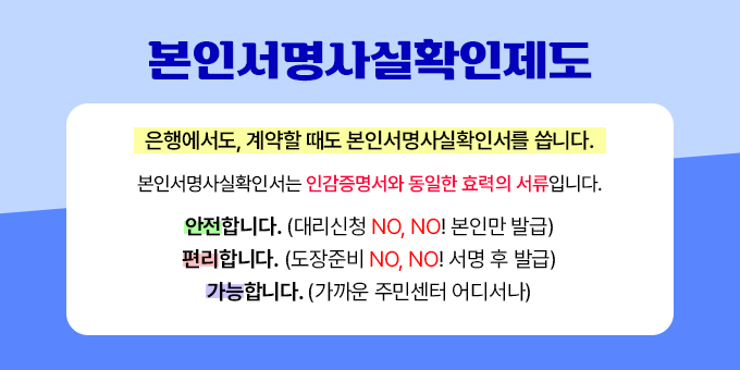 본인서명사실확인제도 홍보 ㅇ 은행에서도, 계약할 때도 본인서명사실확인서를 씁니다.   - 본인서명사실확인서는 인감증명서와 동일한 효력의 서류입니다.   - 안전합니다. (대리신청 NO, NO! 본인만 발급)   - 편리합니다. (도장준비 NO, NO! 서명 후 발급)   - 가능합니다. (가까운 주민센터 어디서나)