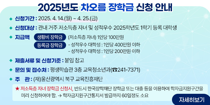 차오름장학금신청안내○ 신청기간 : 2025. 4. 14.(월) ~ 4. 25.(금)  ○ 신청대상 : 관내 거주 저소득층 자녀 및 성적우수 2025학년도 1학기 등록 대학생 ○ 지급액   가. 생활비 장학금    - (저소득층 자녀 대학 신입생) 1인당 100만원   나. 등록금 장학금    - (저소득층 자녀 대학생) 1인당 400만원 이하    - (성적우수 대학생) 1인당 200만원 이하 ○ 제출서류 및 신청기준 : 붙임 참고 ○ 문의 및 접수처 : 평생학습관 3층 교육청소년과(☎241-7371) ○ 주    관 : (재)울산광역시 북구 교육진흥재단    ★ 저소득층 자녀 장학금 신청시, 반드시 한국장학재단 장학금 또는 학자금 대출 등을 이용하여 학자금지원구간을 미리 신청하여야 함.→ 학자금지원구간통지서 발급까지 60일정도 소요 [자세히보기]