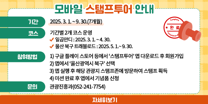 모바일 스탬프투어 안내 1. 기    간 : 2025. 3. 1. ~ 9. 30.(7개월)   2. 코    스 : 기간별 2개 코스 운영     1) 일곱만디 : 2025. 3. 1. ~ 4. 30.     2) 울산 북구 트래블로드 : 2025. 5. 1.~ 9. 30.   3. 참여방법     1) 구글 플레이 스토어 등에서 ‘스탬프투어’ 앱 다운로드 후 회원가입    2) 앱에서 ‘울산광역시 북구’ 선택     3) 앱 실행 후 해당 관광지 스탬프존에 방문하여 스탬프 획득    4) 미션 완료 후 앱에서 기념품 신청   4. 문   의 : 관광진흥과(052-241-7754) [자세히보기]