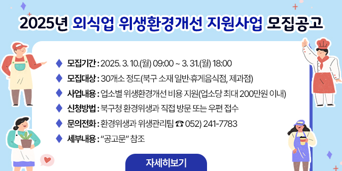 2025년 외식업 위생환경개선 지원사업 모집공고  ○ 모집기간 : 2025. 3. 10.(월) 09:00 ~ 3. 31.(월) 18:00   ○ 모집대상 : 30개소 정도(북구 소재 일반·휴게음식점, 제과점)   ○ 사업내용 : 업소별 위생환경개선 비용 지원(업소당 최대 200만원 이내)  ○ 신청방법 : 북구청 환경위생과 직접 방문 또는 우편 접수  ○ 문의전화 : 환경위생과 위생관리팀 ☎ 052) 241-7783   ○ 세부내용 : “공고문” 참조 [자세히보기]