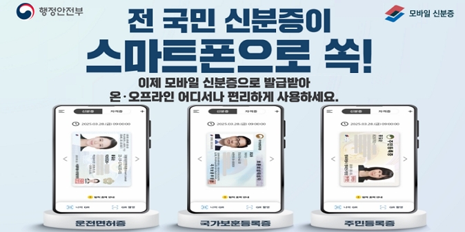 전 국민 신분증이 스마트폰으로 쏙! / 이제 모바일 신분증으로 발급받아 온·오프라인 어디서나 편리하게 사용하세요 / (운전면허증), (국가보훈등록증), (주민등록증)