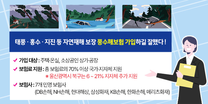 태풍 ？홍수？지진 등 자연재해 보장 풍수해보험 가입하길 잘했다 ! - 가입 대상 : 주택·온실, 소상공인 상가·공장 - 보험료 지원 : 총 보험료의 70% 이상 국가·지자체 지원 ※ 울산광역시 북구는 6 ~ 21% 지자체 추가 지원 - 보험사 : 7개 민영 보험사 (DB손해, NH손해, 현대해상, 삼성화재, KB손해, 한화손해, 메리츠화재)