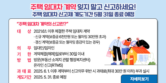 주택 임대차 계약 잊지 말고 신고하세요!  주택 임대차 신고제 계도기간 5월 31일 종료 예정 주택 임대차 계약의 신고란? - 대   상 : 2021.6.1. 이후 체결한 주택 임대차 계약 -신규 계약(보증금 6천만원 또는 월차임 30만원 초과) - 갱신 계약(보증금 또는 월차임 증감이 있는 경우) - 의    무 : 임대인/임차인 - 기    한 : 계약체결(해제)일로부터 30일 이내 - 방    법 : 방문(부동산 소재지 관할 행정복지센터) 온라인 신고(RTMS) - 과 태 료 : 2025. 6. 1. 이후 계약부터 신고의무 위반 시 과태료(최대 30만 원 이하) 부과 실시 - 계도기간 : 2025. 5. 31. 종료 예정 [자세히보기]