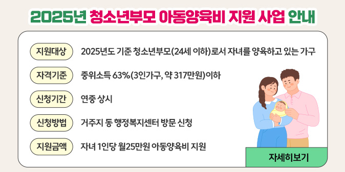 2025년 청소년부모 아동양육비 지원 사업 안내  ？ 지원대상 : 2025년도 기준 청소년부모(24세 이하)로서자녀를 양육하고 있는 가구   ？ 자격기준 : 중위소득 63%(3인가구, 약 317만원)이하   ？ 신청기간 : 연중 상시   ？ 신청방법 : 거주지 동 행정복지센터 방문 신청   ？ 지원금액 : 자녀 1인당 월25만원 아동양육비 지원 [자세히보기]