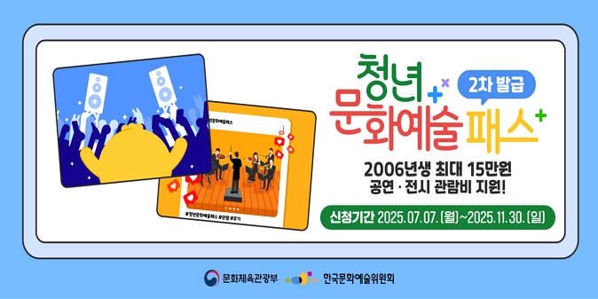 ○ 지원대상 : 19세 청년(2006년 출생자) / ○ 지원내용 : 1인당 15만원 공연,전시 관람비 지원 / ○ 신청기간 : 2025.7.7.~2025.11.30.※ 사용기간(발급일~12.31.까지) / ○ 신청방법 : 청년문화예술패스 누리집 회원가입 후 온라인 신청 / ○ 사용방법 : 협력예매처(인터파크, yes24)에서 청년문화예술패스 발급 후 예매 시 포인트 사용