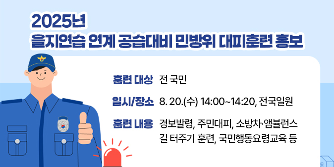 2025년 을지연습 연계 공습대비 민방위 대피훈련 홍보  ○ 훈련 대상 : 전 국민  ○ 일시/장소 : 8. 20.(수) 14:00~14:20, 전국일원  ○ 훈련 내용 : 경보발령, 주민대피, 소방차·앰뷸런스 길 터주기 훈련, 국민행동요령교육 등