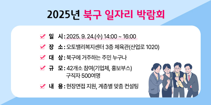 2025년 북구 일자리 박람회 ○ 일    시 : 2025. 9. 24.(수) 14:00 ~ 16:00 ○ 장    소 : 오토밸리복지센터 3층 체육관(산업로 1020) ○ 대    상 : 북구에 거주하는 주민 누구나 ○ 규    모 : 42개소 참여(기업체, 홍보부스)/구직자 500여명 ○ 내    용 : 현장면접 지원, 계층별 맞춤 컨설팅