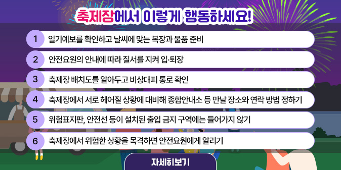 축제장에서 이렇게 행동하세요!  1. 일기예보를 확인하고 날씨에 맞는 복장과 물품 준비  2. 안전요원의 안내에 따라 질서를 지켜 입·퇴장  3. 축제장 배치도를 알아두고 비상대피 통로 확인  4. 축제장에서 서로 헤어질 상황에 대비해 종합안내소 등 만날 장소와 연락 방법 정하기 5. 위험표지판, 안전선 등이 설치된 출입 금지 구역에는 들어가지 않기 6. 축제장에서 위험한 상황을 목격하면 안전요원에게 알리기 [자세히보기]