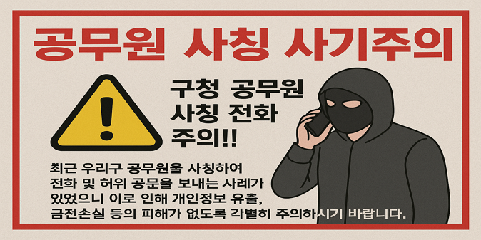 공무원 사칭 사기주의!! 구청 공무원 사칭 전화주의 !!최근 우리구 공무원을 사칭하여 전화 및 허위 공문을 보내는 사례가 있었으니 이로 인해 개인정보 유출, 금전손실 등의 피해가 없도록 각별히 주의하시기 바랍니다.