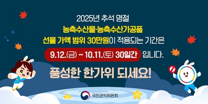 2025년 추석 명절 농축수산물, 농축수산가공품 선물가액 범위 30만원이 적용되는 기간 : 9. 12.(금) ~ 10. 11.(토) 30일간