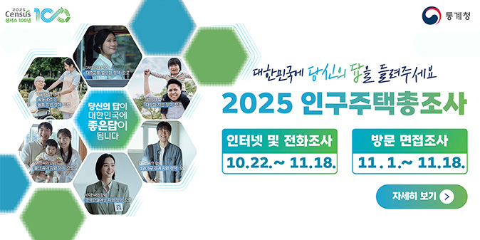 대한민국에 당신의 답을 들려주세요 2025 인구주택총조사 -인터넷 및 전화조사 : 10.22.~11.18.  -방문 면접조사 : 11.1.~11.18. [자세히보기]