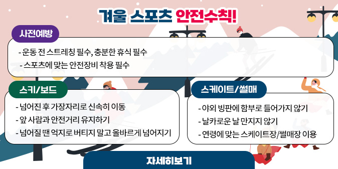 겨울 스포츠 안전수칙!  【사전예방】  - 운동 전 스트레칭 필수, 충분한 휴식 필수  - 스포츠에 맞는 안전장비 착용 필수  【스키/보드】  - 넘어진 후 가장자리로 신속히 이동  - 앞 사람과 안전거리 유지하기  - 넘어질 땐 억지로 버티지 말고 올바르게 넘어지기  【스케이트/썰매】  - 야외 빙판에 함부로 들어가지 않기  - 날카로운 날 만지지 않기  - 연령에 맞는 스케이트장/썰매장 이용 [자세히보기]