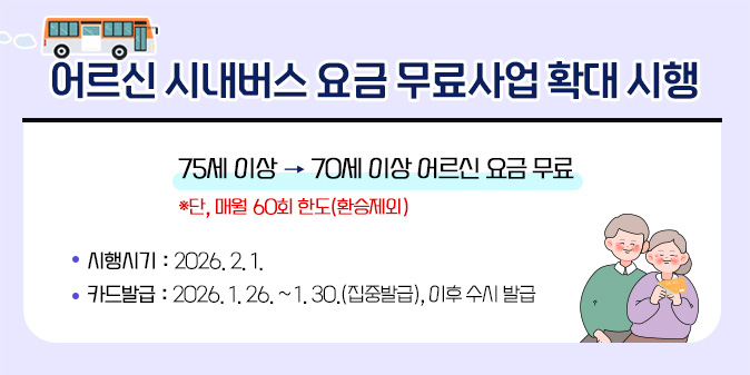 어르신 시내버스 요금 무료사업 확대 시행 ○75세 이상 → 70세 이상 어르신 요금 무료 ※ 단, 매월 60회 한도(환승제외) ○ 시행시기 : 2026. 2. 1.   ○ 카드발급 : 2026. 1. 26. ~ 1. 30.(집중발급), 이후 수시 발급