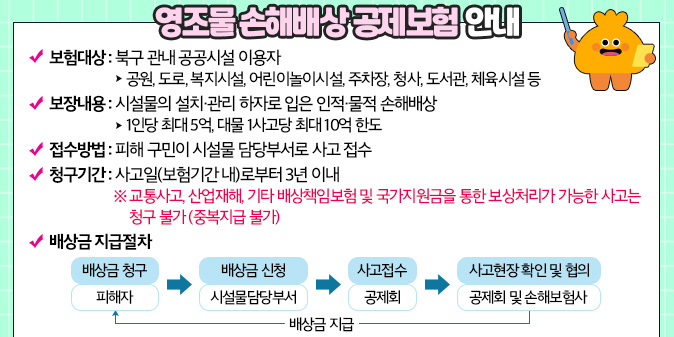 영조물 손해배상 공제보험 안내 ○ 보험대상 : 북구 관내 공공시설 이용자   - 공원, 도로, 복지시설, 어린이놀이시설, 주차장, 청사, 도서관, 체육시설 등  ○ 보장내용 : 시설물의 설치·관리 하자로 입은 인적·물적 손해배상   - 1인당 최대 5억, 대물 1사고당 최대 10억 한도  ○ 접수방법 : 피해 구민이 시설물 담당부서로 사고 접수  ○ 청구기간 : 사고일(보험기간 내)로부터 3년 이내   ※ 교통사고, 산업재해, 기타 배상책임보험 및 국가지원금을 통한 보상처리가 가능한 사고는 청구 불가(중복지급 불가)  ○ 배상금 지급절차:배상금청구(피해자) > 시설물담당부서(배상금 신청) > 공제회(사고접수) > 공제회 및 손해보험사(사고현장 확인 및 협의) >피해자에게 배상금 지급