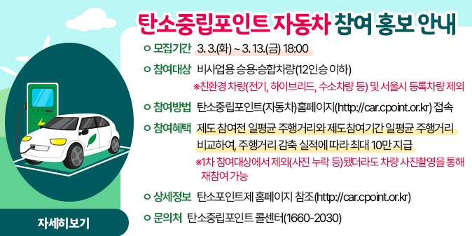 탄소중립포인트 자동차 참여 홍보 안내 1. 모집기간 : 3. 3.(화) ~ 3. 13.(금) 18:00 2. 참여대상 : 비사업용 승용·승합차량(12인승 이하) ※친환경 차량(전기, 하이브리드, 수소차량 등) 및 서울시 등록차량 제외 3. 참여방법 :  탄소중립포인트(자동차)홈페이지(http://car.cpoint.or.kr)접속 4. 참여혜택 :  제도 참여전 일평균 주행거리와 제도참여기간 일평균 주행거리 비교하여, 주행거리 감축 실적에 따라 최대 10만 지급 ※1차 참여대상에서 제외(사진 누락 등)됐더라도 차량 사진촬영을 통해 재참여 가능 5. 상세정보 : 탄소포인트제 홈페이지 참조(http://car.cpoint.or.kr)  6. 문의처 : 탄소중립포인트 콜센터(1660-2030)