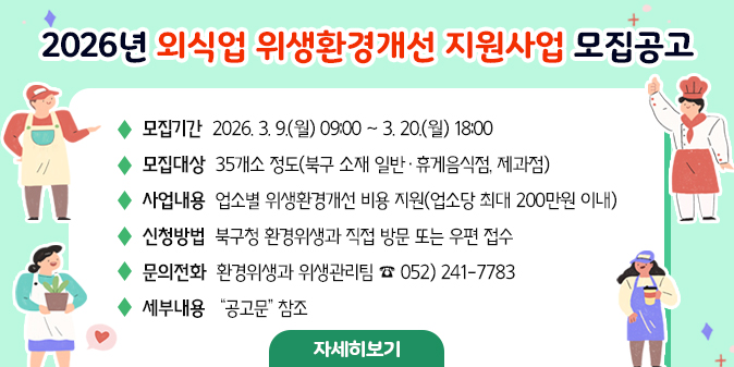 2026년 외식업 위생환경개선 지원사업 모집공고 ○ 모집기간 : 2026. 3. 9.(월) 09:00 ~ 3. 20.(월) 18:00  ○ 모집대상 : 35개소 정도(북구 소재 일반·휴게음식점, 제과점) ○ 사업내용 : 업소별 위생환경개선 비용 지원(업소당 최대 200만원 이내) ○ 신청방법 : 북구청 환경위생과 직접 방문 또는 우편 접수 ○ 문의전화 : 환경위생과 위생관리팀 ☎ 052) 241-7783  ○ 세부내용 : “공고문” 참조 [자세히보기]