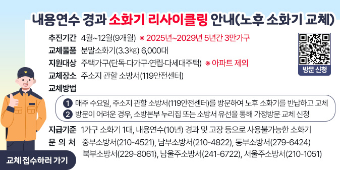 내용연수 경과 소화기 리사이클링 안내(노후 소화기 교체) ○ 추진기간 : 4월~12월(9개월)  ※ 2025년~2029년 5년간 3만가구   ○ 교체물품 : 분말소화기(3.3㎏) 6,000대   ○ 지원대상 : 주택가구(단독·다가구·연립·다세대주택)  ※ 아파트 제외   ○ 교체장소 : 주소지 관할 소방서(119안전센터)   ○ 교체방법    1) 매주 수요일, 주소지 관할 소방서(119안전센터)를 방문하여 노후 소화기를 반납하고 교체    2) 방문이 어려운 경우, 소방본부 누리집 또는 소방서 유선을 통해가정방문 교체 신청   ○ 지급기준 : 1가구 소화기 1대, 내용연수(10년) 경과 및 고장 등으로 사용불가능한 소화기   ○ 문 의 처     -  중부소방서(210-4521), 남부소방서(210-4822), 동부소방서(279-6424)     -  북부소방서(229-8061), 남울주소방서(241-6722), 서울주소방서(210-1051) [교체 접수하러 가기]