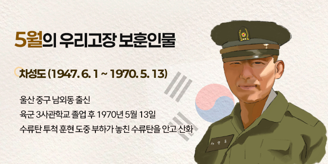 5월의 우리고장 보훈인물 차성도(1947.6.1.~1970.5.13)  울산중구 남외동 출신 육군 3사관학교 졸업 후 1970년 5월 13일 수류탄 투척 훈현 도중 부하가 놓친 수류탄을 안고 산화