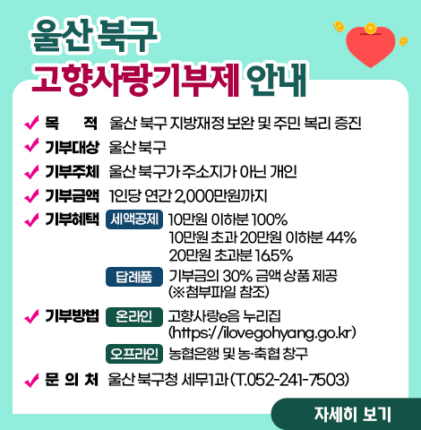 울산 북구 고향사랑기부제 안내 ○ 목적 : 울산 북구 지방재정 보완 및 주민 복리 증진 ○ 기부대상 : 울산 북구 ○ 기부주체 : 울산 북구가 주소지가 아닌 개인 ○ 기부금액 : 1인당 연간 2,000만원까지 ○ 기부혜택   - (세액공제) 10만원 이하분 100%/ 10만원 초과 20만원 이하분 44%/ 20만원 초과분 16.5%   - (답례품) 기부금의 30% 금액 상품 제공(※첨부파일 참조) ○ 기부방법   - (온라인) 고향사랑e음 누리집(https://ilovegohyang.go.kr) - (오프라인) 농협은행 및 농·축협 창구 ○ 문 의 처 : 울산 북구청 세무1과(T.052-241-7503) [자세히보기]
