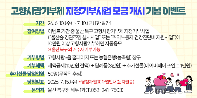 ○ 기    간 : ‘26. 6. 10.(수)~7. 10.(금)[한 달간] ○ 참여방법 : 이벤트 기간 중 울산 북구 고향사랑기부제 지정기부사업(“울산숲 경관조명 설치사업” 또는 “취약노동자 건강진단비 지원사업”에 10만원 이상 고향사랑기부하면 자동응모        (※ 울산 북구 외 거주자 기부 가능) ○ 기부방법 : 고향사랑e음 홈페이지 또는 농협은행(농축협) 창구 ○ 기부혜택 : 세액공제(10만원 전액) + 답례품(3만원) +    추가선물(네이버페이 포인트 1만원) ○ 추가선물 당첨인원 : 50명(무작위 추첨) ○ 당첨발표 : 2026. 7. 15.(수)   - 당첨자 발표 개별안내(문자발송) ○ 문 의 처 : 울산 북구청 세무1과(T.052-241-7503)