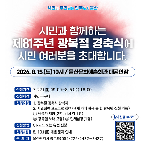 2026.8.15.(토) 10시 / 울산문화예술회관 대공연장 -신청기간 : 7.27.(월) 09:00~8.5.(수)18:00 -신청자격 : 시민 누구나 -선정인원 :  1. 광복정 경축식 참석자 2, 시민참여 프로그램 참여자(세 가지 항목 중 한 항목만 신청 가능) ①애국가 제창(2명 남여 각 1명) ②광복절 노래(3명) ③만세삼창(1명) -신청방법 : QR코드 또는 유선 신청 - 선정결과 : 8.10.(월) 개별 문자 안내 -문의처 : 울산광역시 총무과(052--229-2422~2427) [참가신청 qr코드]