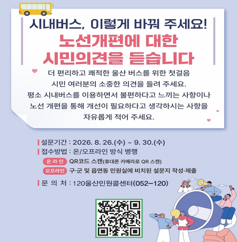 노선개편에 대한 시민의견을 듣습니다. 더 편리하고 쾌적한 울산 버스를 위한 첫걸음 시민 여러분의 소중한 의견을 들려 주세요. 평소 시내버스를 이용하면서 불편하다고 느끼는 사항이나 노선 개편을 통해 개선이 필요하다고 생각하시는 사항을 자유롭게 적어주세요. ○ 설문기간 : 2026. 8. 26.(수) ~ 9. 30.(수) ○ 접수방법 : 온/오프라인 방식 병행 온라인 : QR코드 스캔(휴대폰 카메라로 QR 스캔 https://ulsan-bus.netlify.app/) 오프라인 : 구·군 및 읍면동 민원실에 비치된 설문지 작성·제출 ○ 문의처 : 120 울산민원콜센터(052-120)