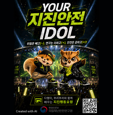 위험은 빼고(-), 연구는 더하고(+), 안전은 곱하고(x)! 다행이, 부리부리와 함께 배우는 지진행동요령 Created with AI -행정안전부 국립재난안전연구원- [QR코드]