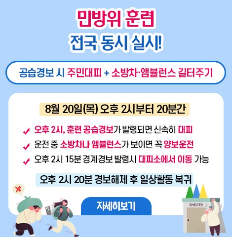 민방위 훈련 전국 동시 실시! 공습경보 시 주민대피+소방차·앰뷸런스 길터주기 8월 20일(목) 오후 2시부터 20분간 -오후 2시, 훈련 공습경보가 발령되면 신속히 대피 -운전 중 소방차나 앰뷸런스가 보이면 꼭 양보운전 -오후 2시 15분 경계경보 발령시 대피소에서 이동 가능  * 오후 2시 20분 경보해제 후 일상활동 복귀 [자세히보기]