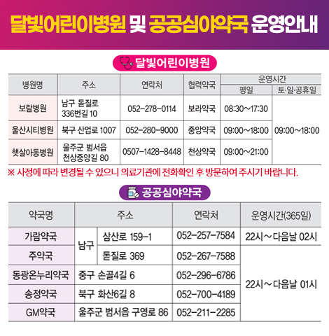 달빛어린이병원 및 공공심야약국 운영안내 - 사정에 따라 변경될 수 있으니 의료기관에 전화확인 후 방문하여 주시기 바랍니다.